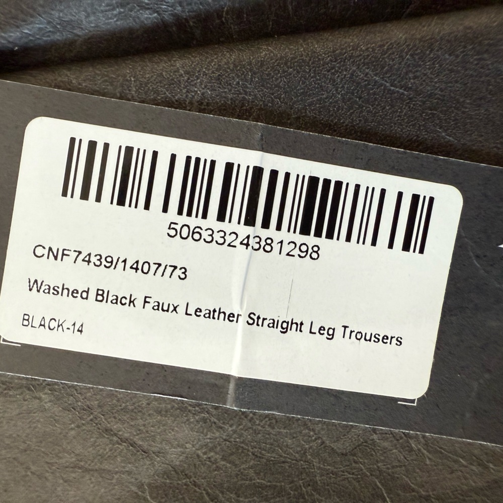 Pretty Little Thing Washed Black Faux Leather Straight Leg Trousers US 10 New - Picture 10 of 11